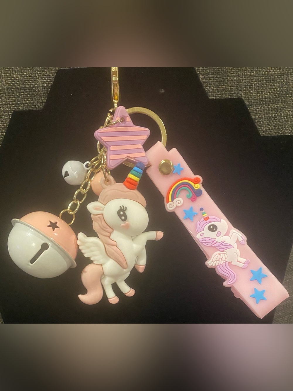 Pink Unicorn Keychain Charm with Rainbow Strap & Bell charm! NWOT